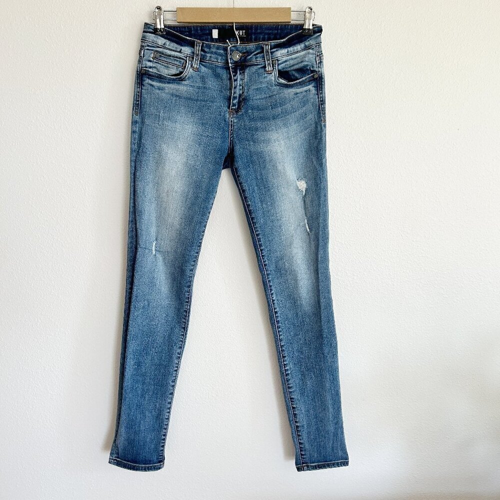 Kut From the Kloth Jeans Mid Rise Distressed Skinny Jeans Medium Wash